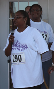 Kathy Ware of WIN providing opening remarks at Notasulga WIN 3-mile Steps to the Cure cancer walk